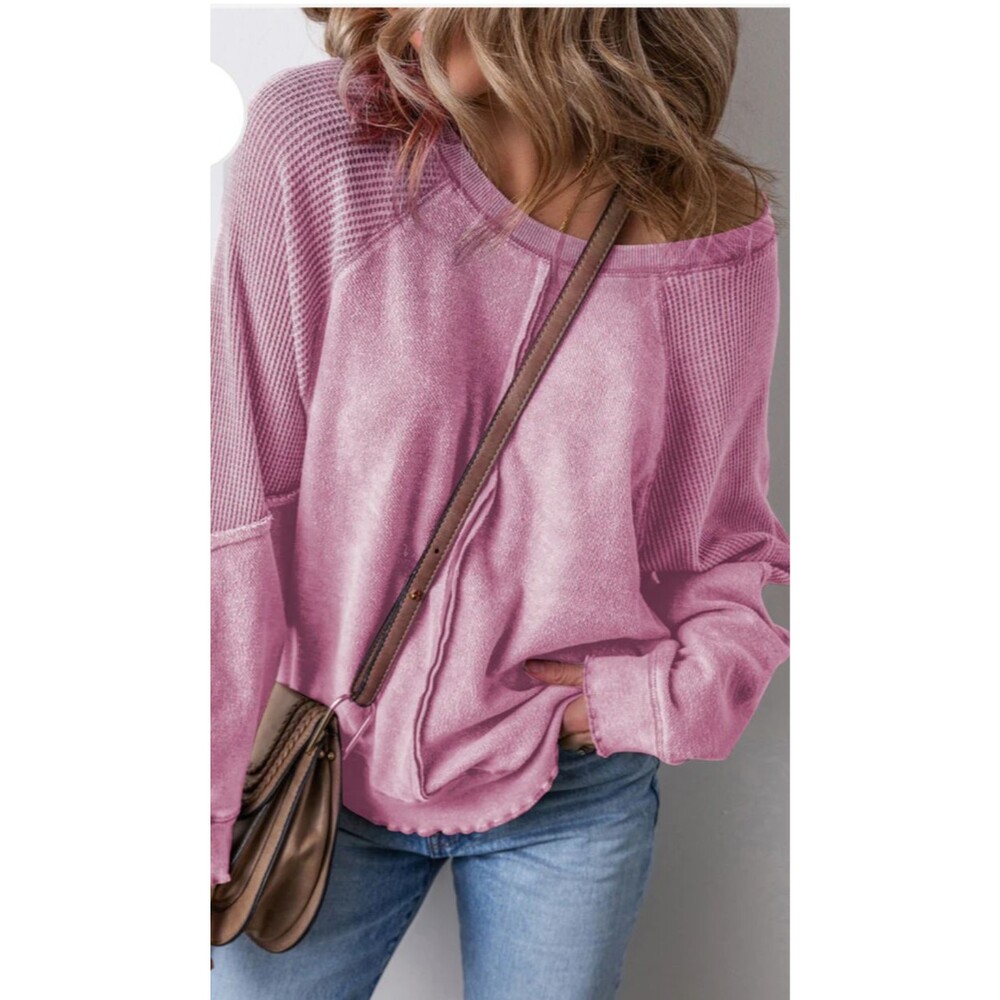 Pink Waffle Knit Patchwork Raglan Sleeve Exposed Seam Sweatshirt Pullover Sz L